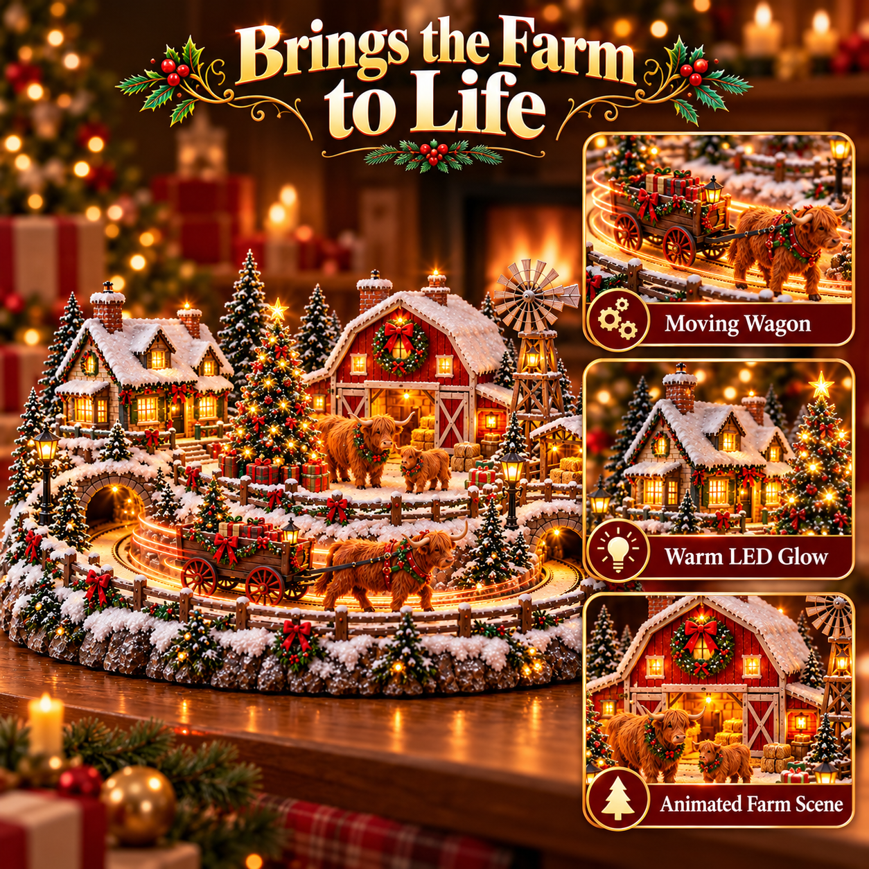 🐮 Animated Highland Cow Christmas Village | Lighted Farmhouse Holiday Décor
