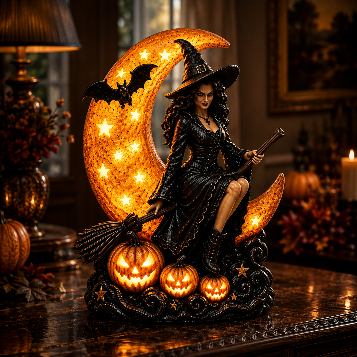 Glowing Witch & Crescent Moon Halloween Table Lamp