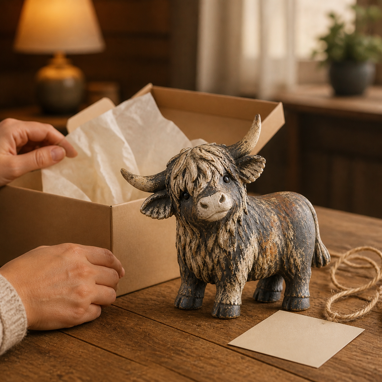 Rustic Highland Cow Figurine — Charming Farmhouse Tabletop Decor