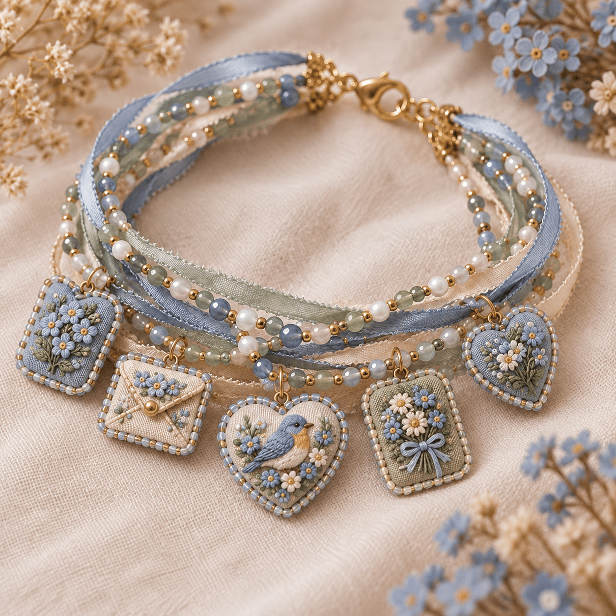 🌸 Embroidered Floral Charm Bracelet DIY Kit