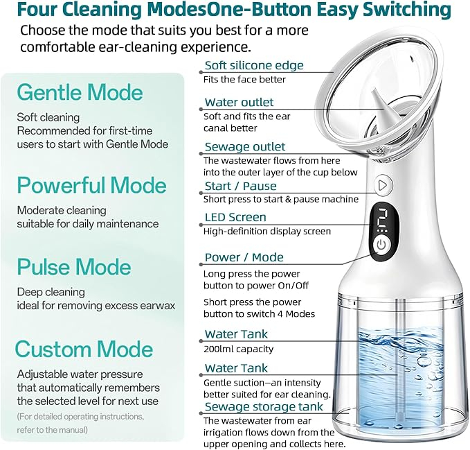 Rechargeable Electric Ear Wax Removal Machine, Dual Tank Waterproof Ear Irrigation Cleaner