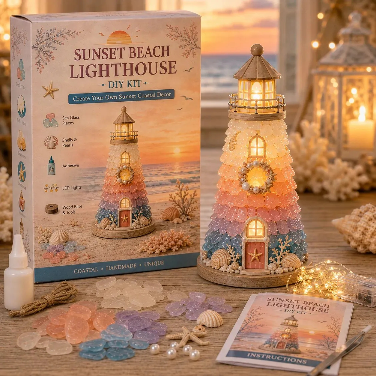 ⏳ Last Day 49% OFF – 🌊 Beginner-Friendly DIY Lighted Sea Glass-Style Lighthouse Kit Collection 💕