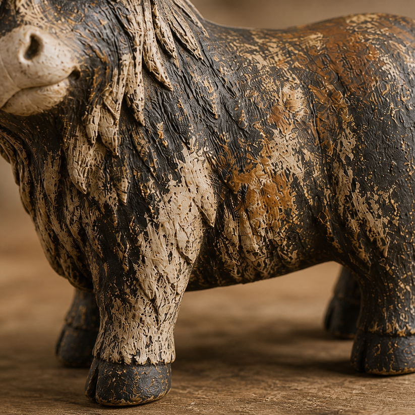 Rustic Highland Cow Figurine — Charming Farmhouse Tabletop Decor