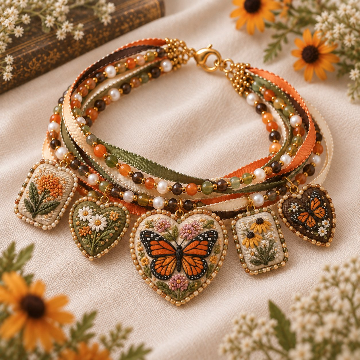 🌸 Embroidered Floral Charm Bracelet DIY Kit