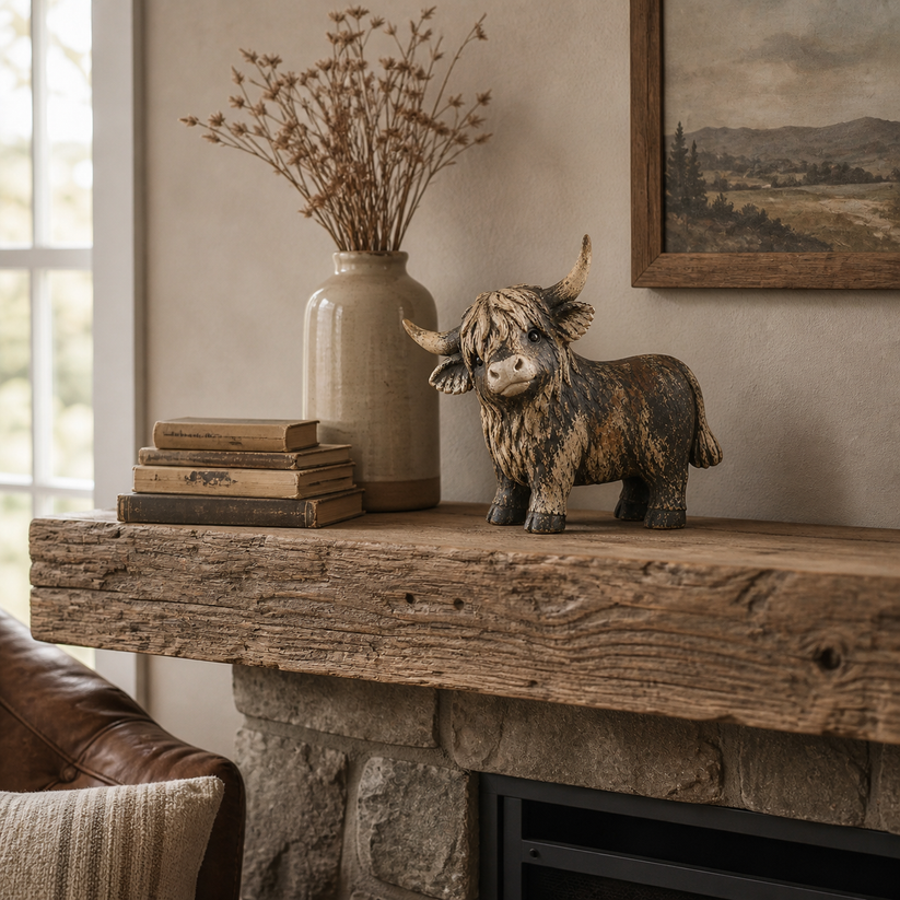 Rustic Highland Cow Figurine — Charming Farmhouse Tabletop Decor