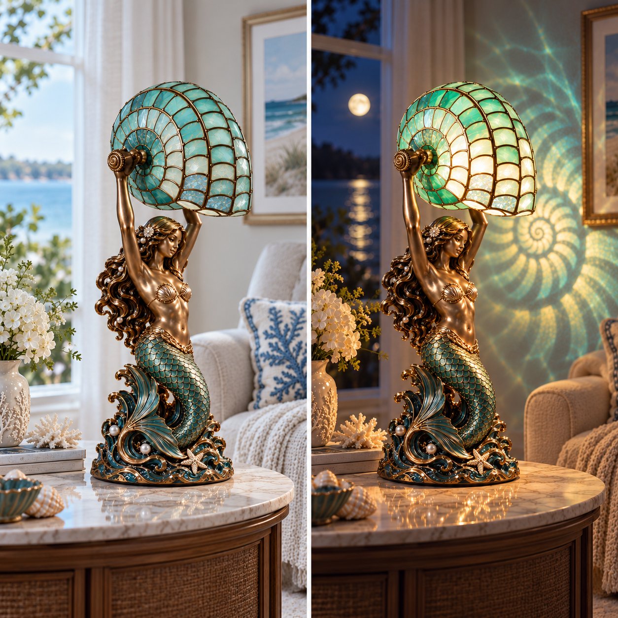 🧜‍♀️ Cast a Magical Ocean Glow! Vintage Mermaid Nautilus Stained Glass Ambient Lamp
