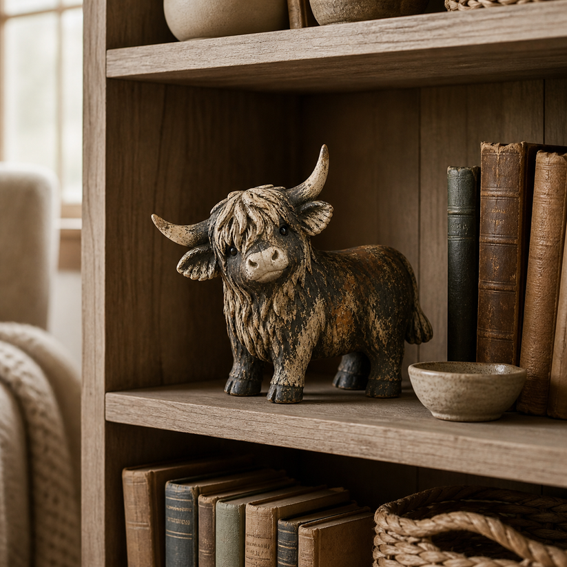 Rustic Highland Cow Figurine — Charming Farmhouse Tabletop Decor