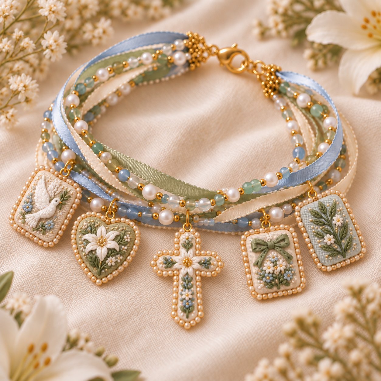 🌸 Embroidered Floral Charm Bracelet DIY Kit
