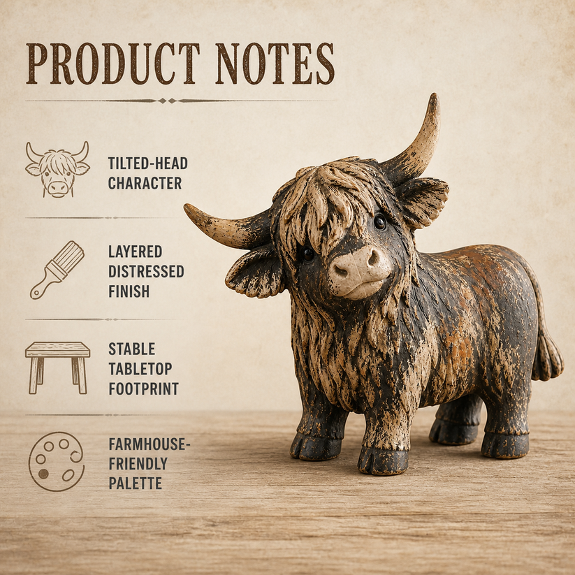 Rustic Highland Cow Figurine — Charming Farmhouse Tabletop Decor