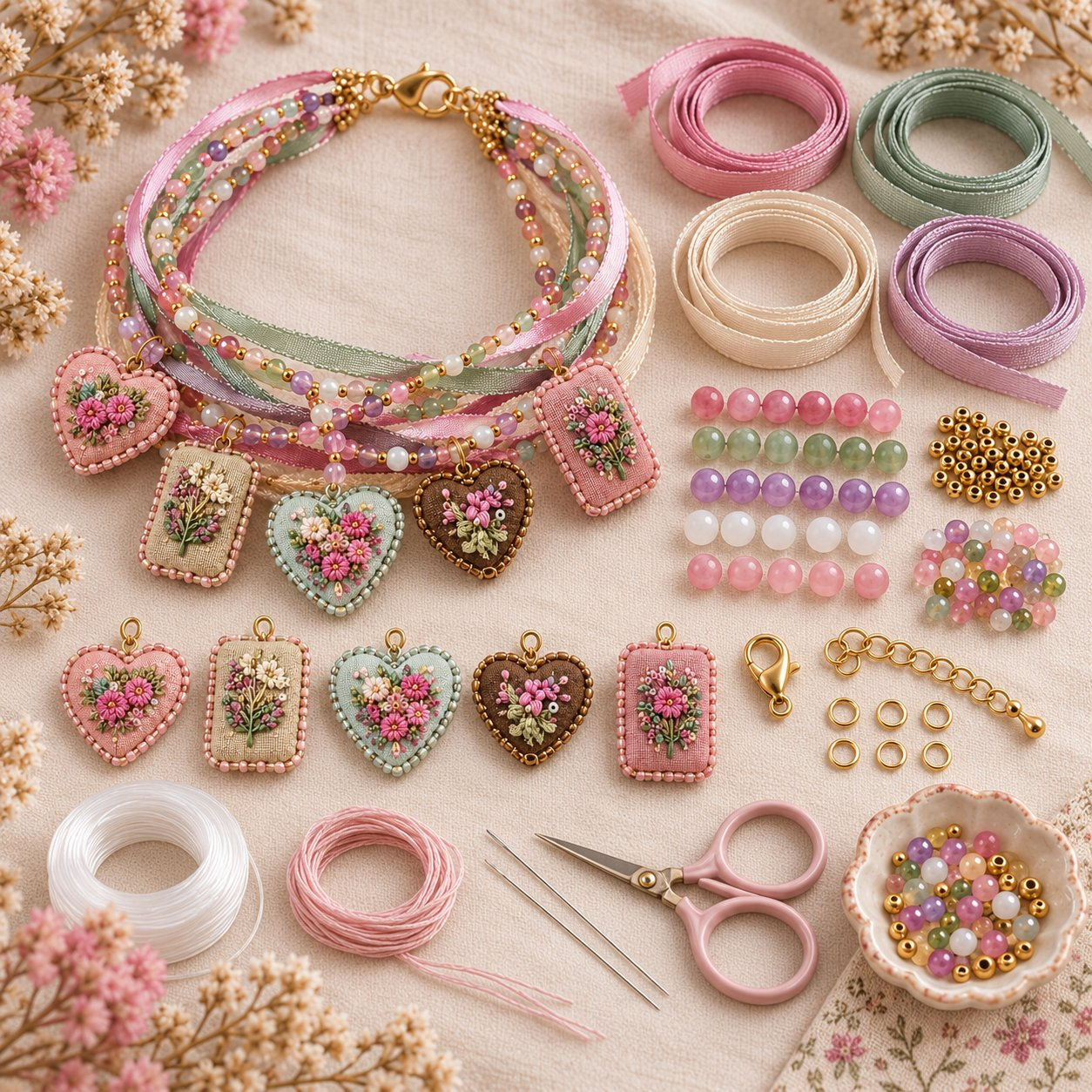 🌸 Embroidered Floral Charm Bracelet DIY Kit