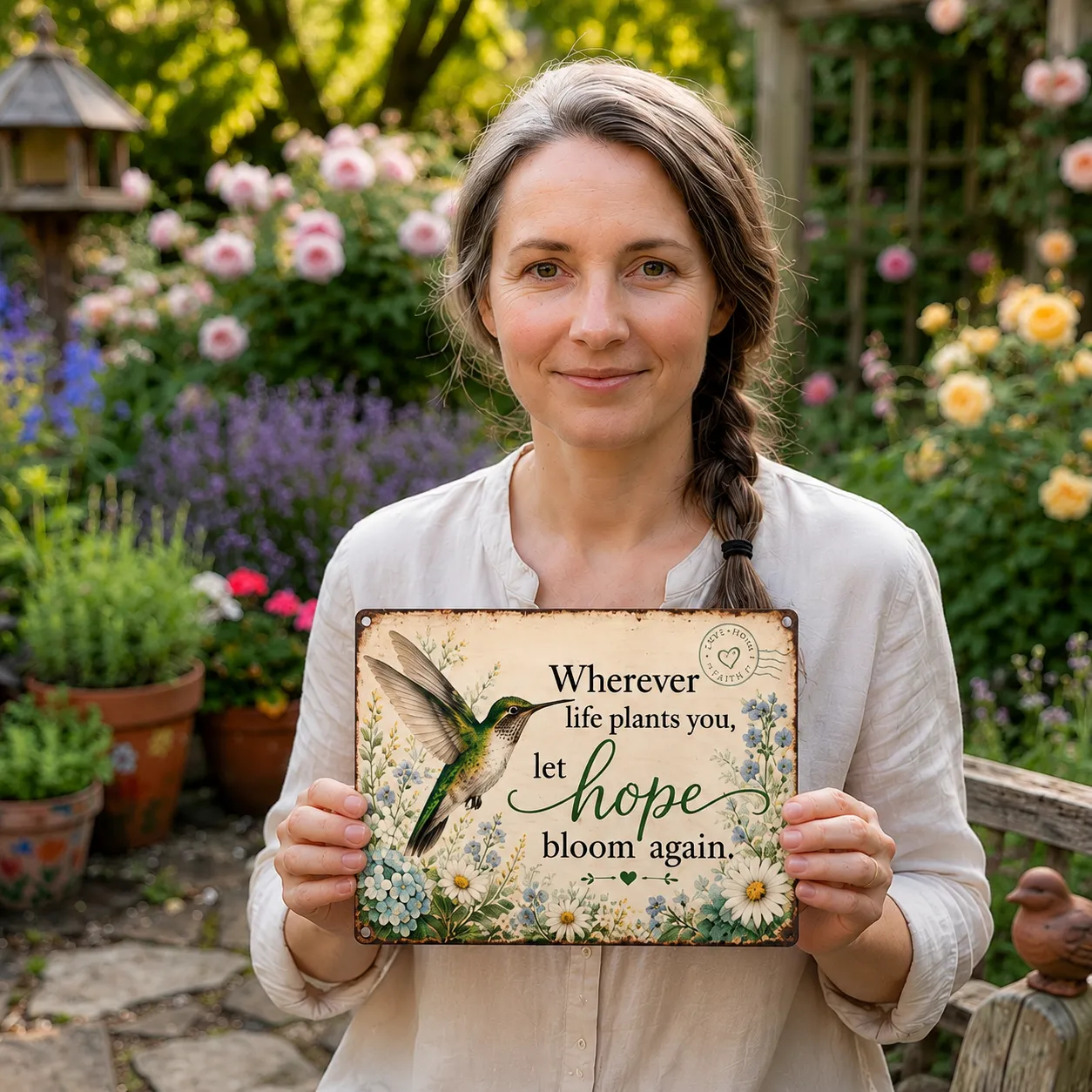 🌿 Hope Bloom Again Hummingbird Garden Sign