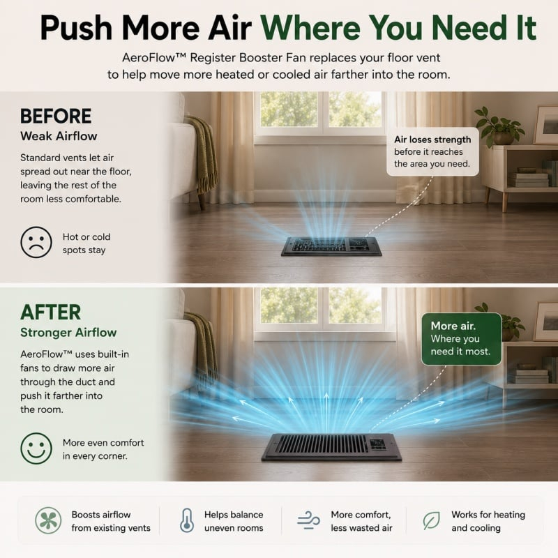 🌬️ Register Booster Fan for 4'' x 10'' Vents - 10-Speed Remote Control