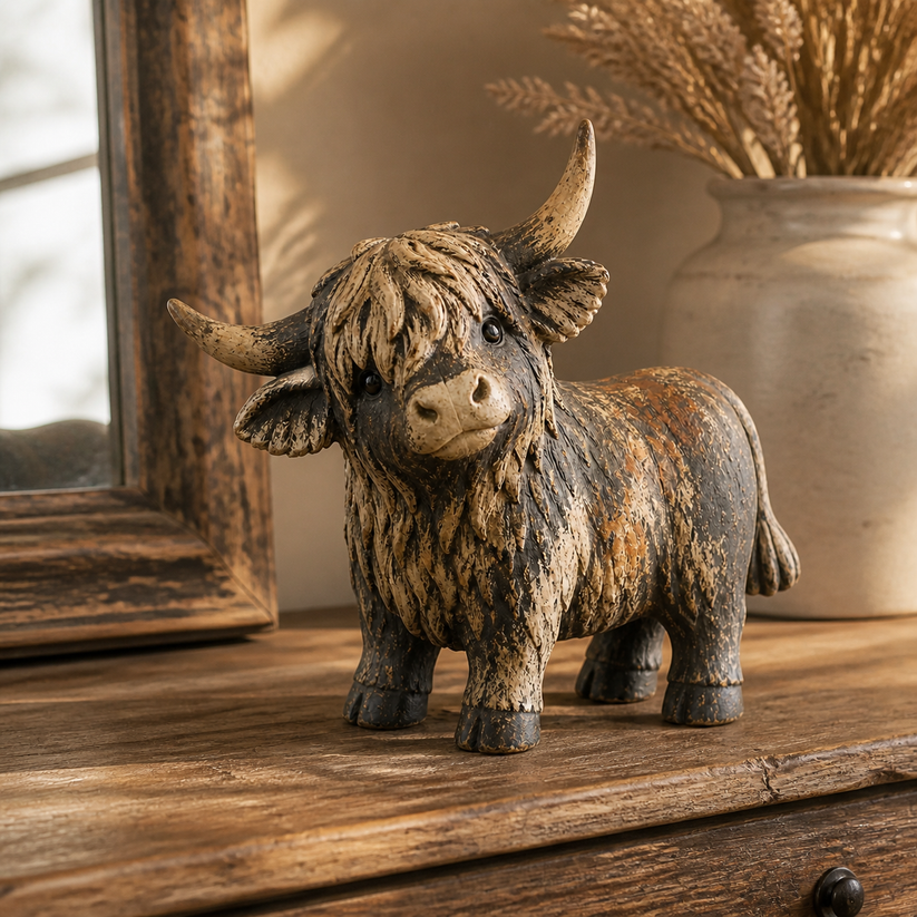 Rustic Highland Cow Figurine — Charming Farmhouse Tabletop Decor