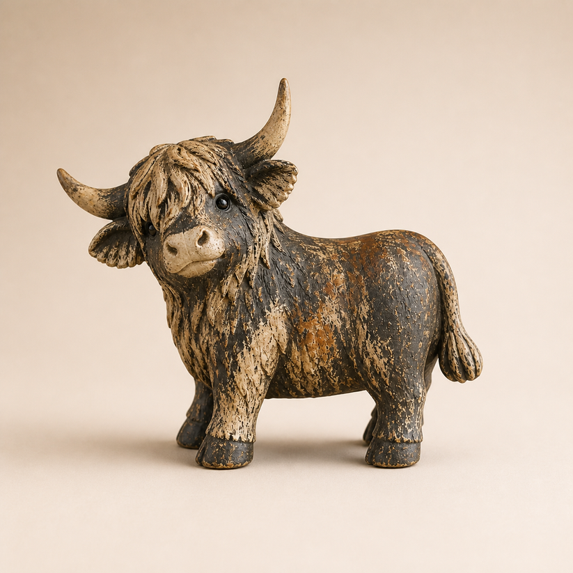 Rustic Highland Cow Figurine — Charming Farmhouse Tabletop Decor