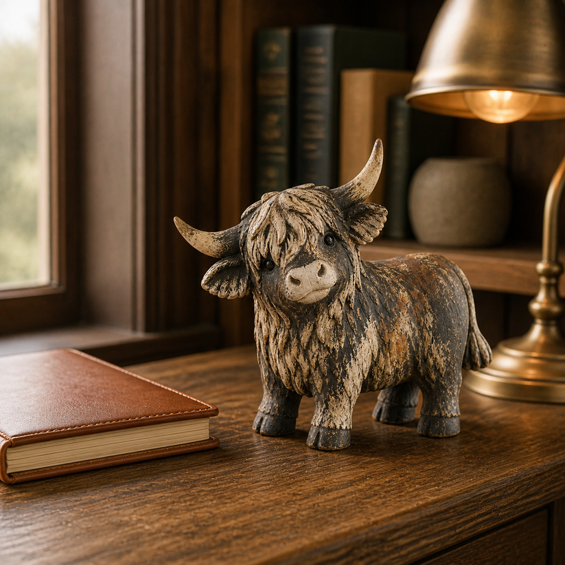 Rustic Highland Cow Figurine — Charming Farmhouse Tabletop Decor