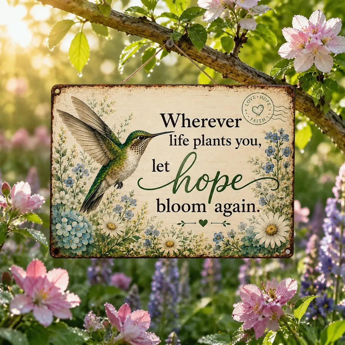 🌿 Hope Bloom Again Hummingbird Garden Sign