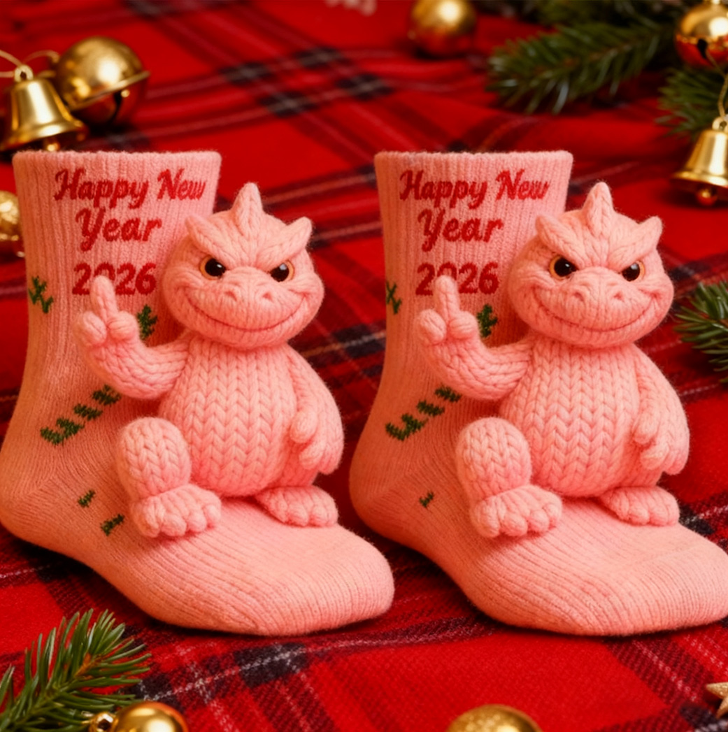 Godzilla Happy New Year 2026 Crochet Socks