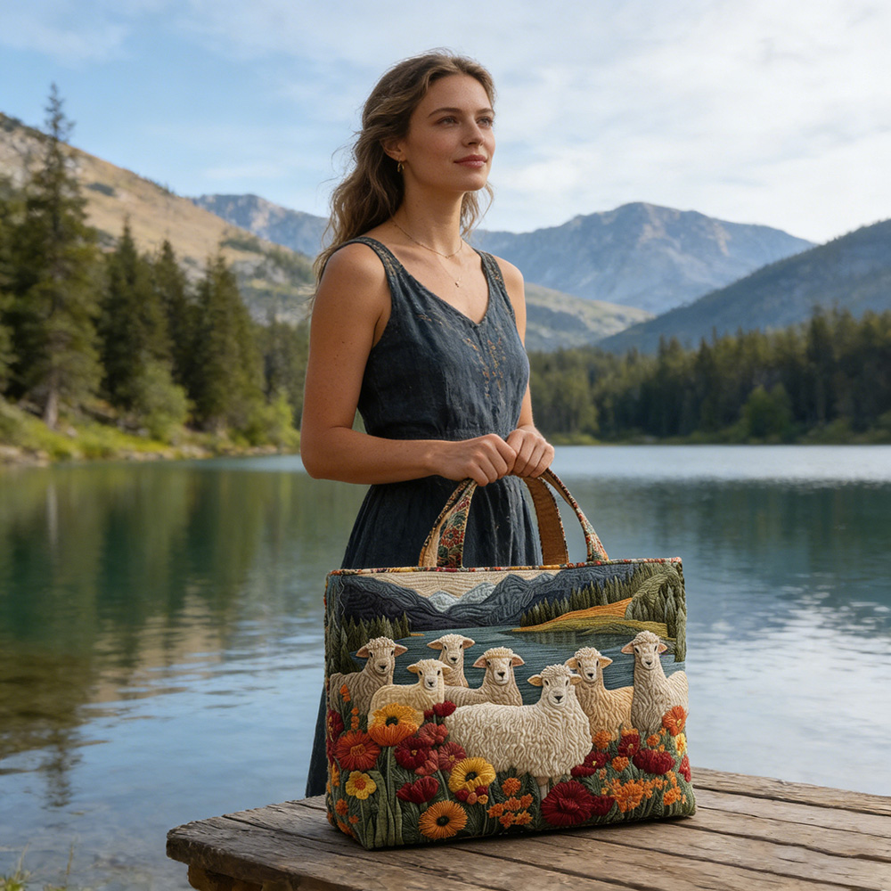 Hand-Quilted Sheep Pattern Tote Bags