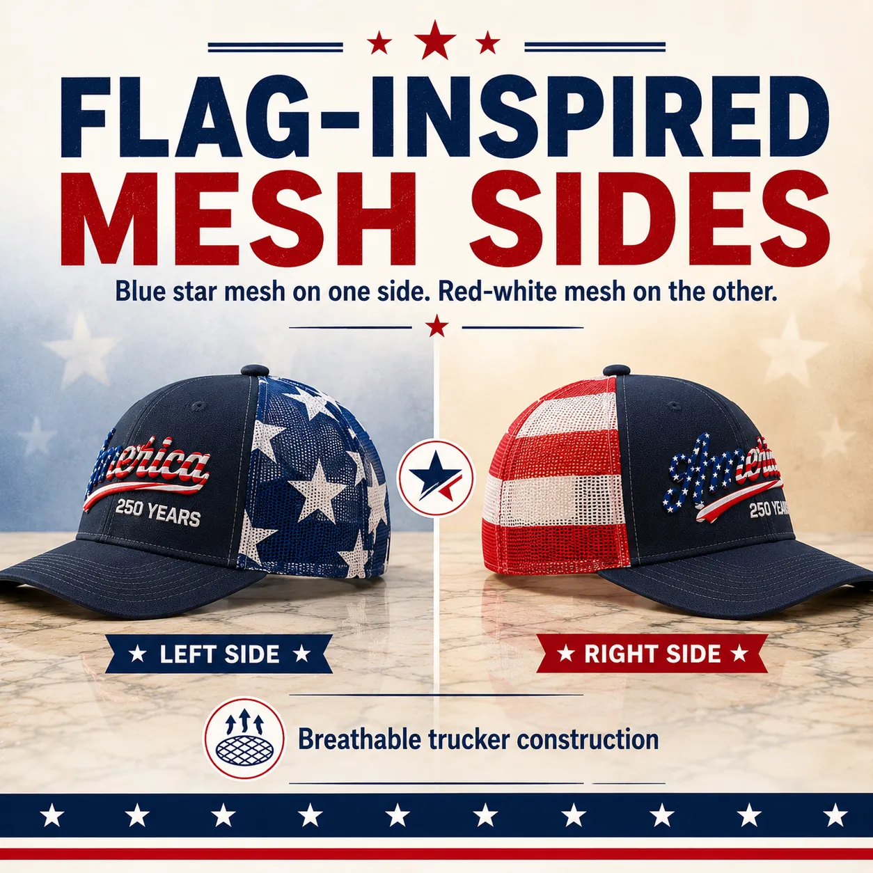 ❤ 🇺🇸 America 250 Years Patriotic Embroidered Mesh Trucker Cap
