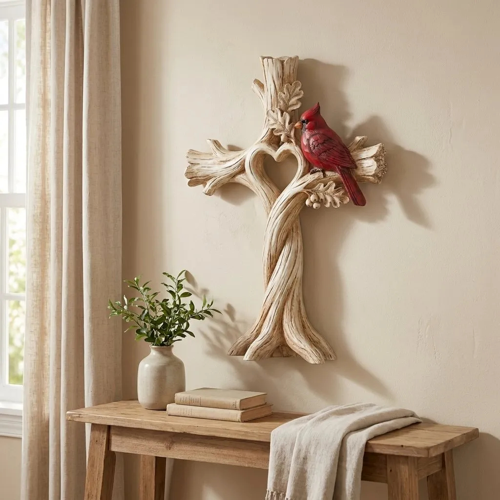 Carved Solid Wood Cardinal Heart Tree Cross