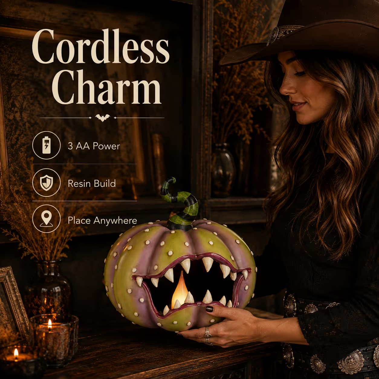 🎃 12" Lighted Ghoulish Pumpkin with Glowing Candle 🕯️