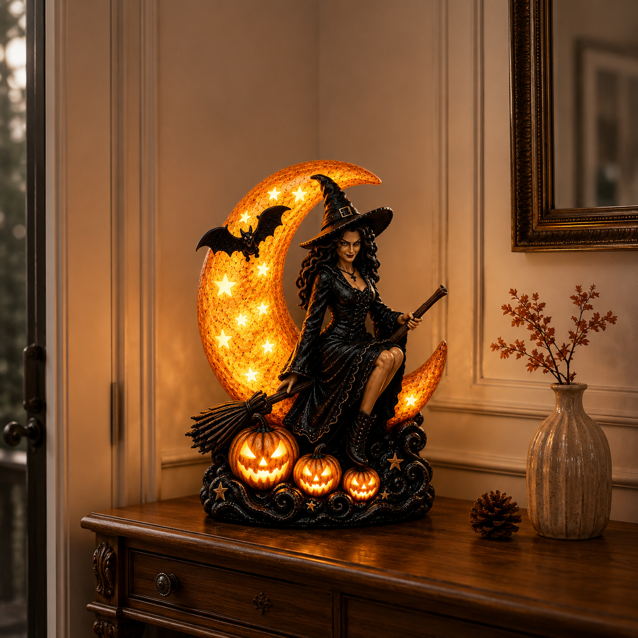 Glowing Witch & Crescent Moon Halloween Table Lamp