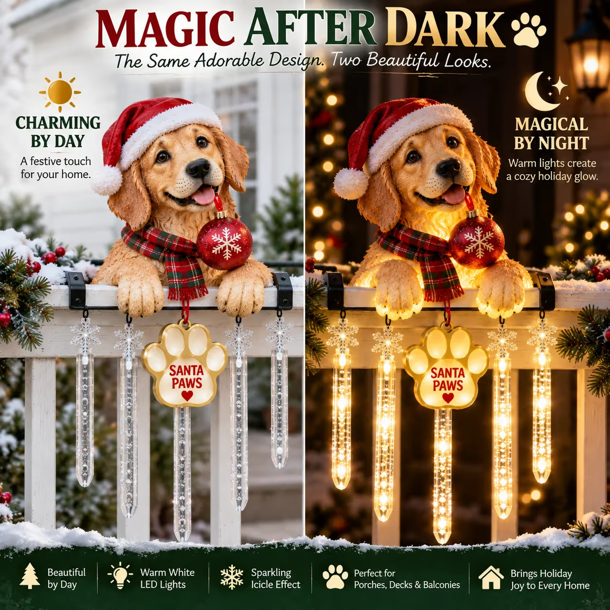 🐾 Santa Paws Christmas Porch Glow – Illuminated Dog‑Themed Railing Decoration 🎄✨