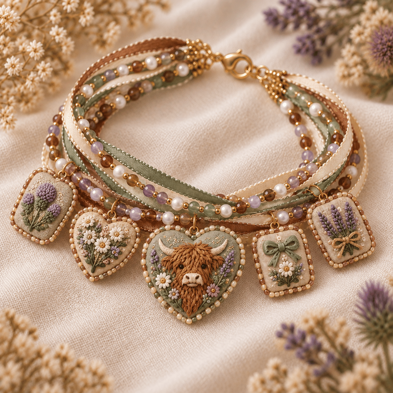 🌸 Embroidered Floral Charm Bracelet DIY Kit
