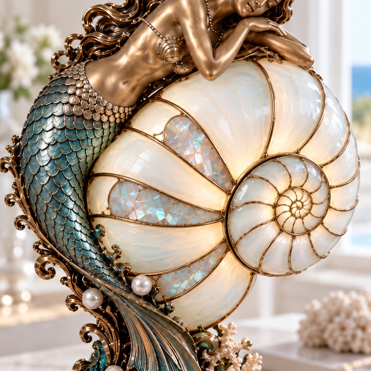 🧜‍♀️ Cast a Magical Ocean Glow! Vintage Mermaid Nautilus Stained Glass Ambient Lamp
