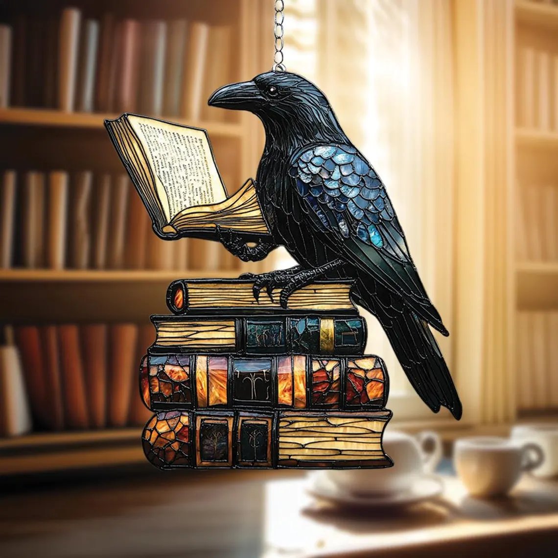🐦‍⬛Raven and Books Suncatcher – Faux Stained Glass Window Hanging with Open Book