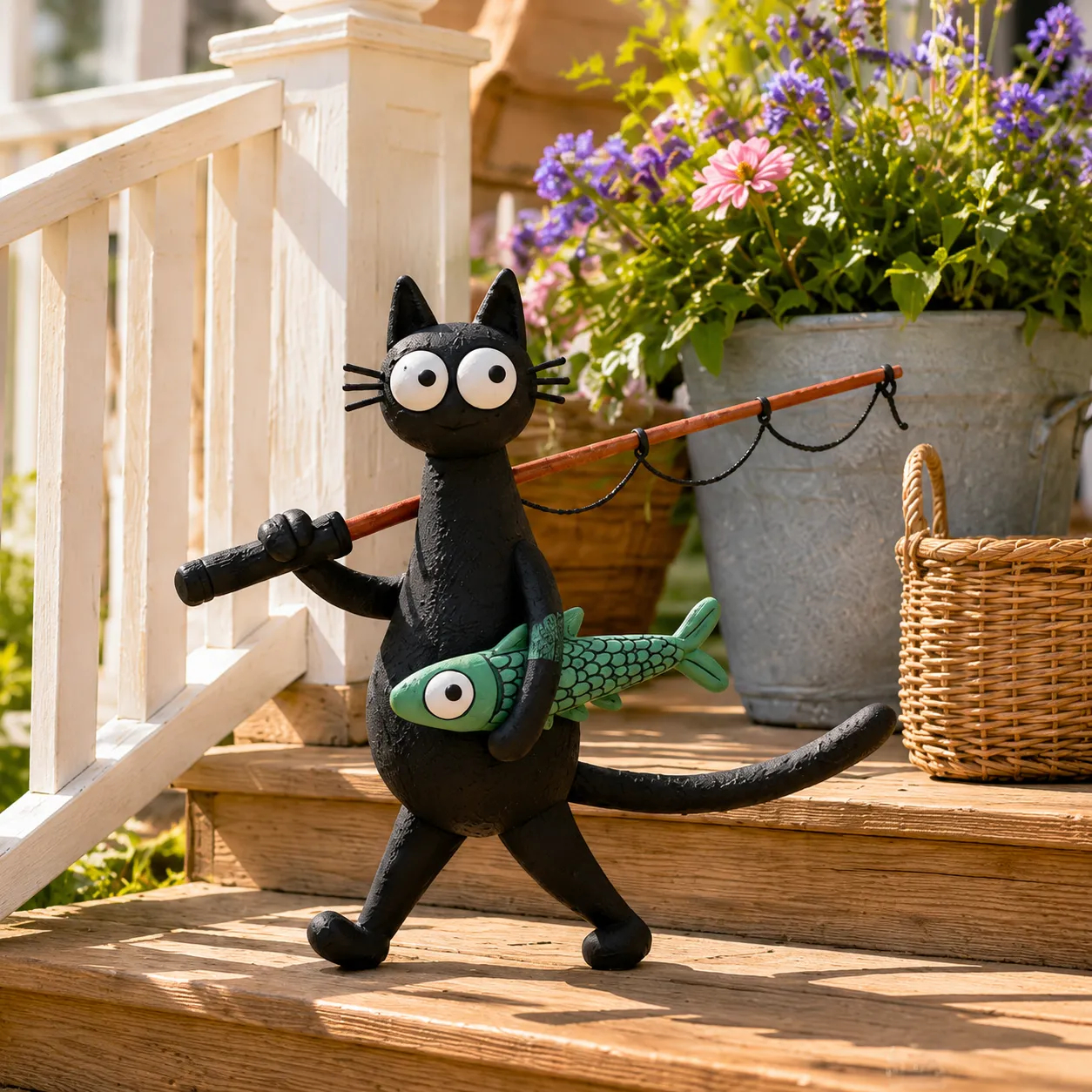 Whimsical Fishing Cat Figurine
