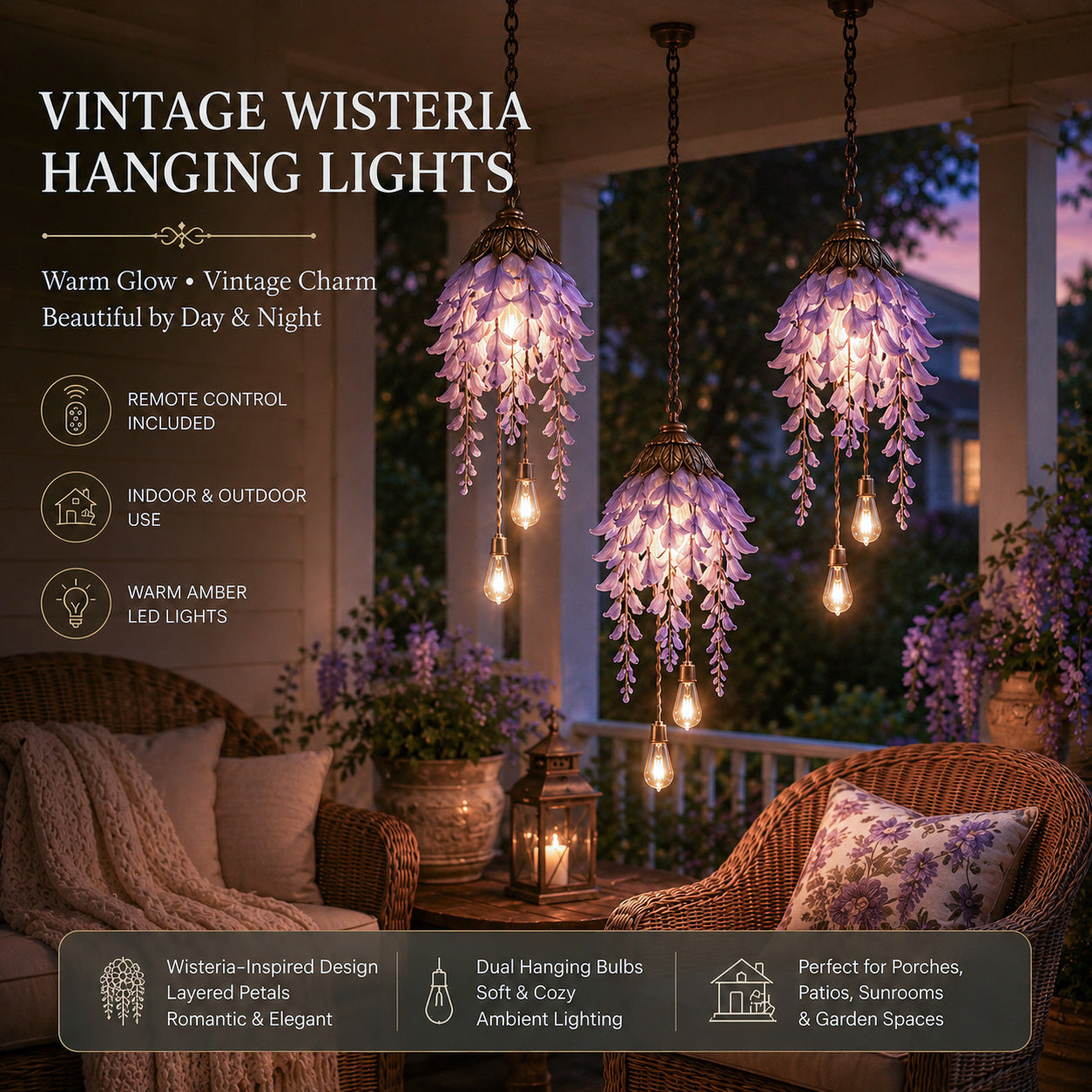 Vintage Hanging Flower Lights – Dusty Rose, Vintage Wisteria & Antique Ivory Lily | Warm Glow Garden & Patio Decor