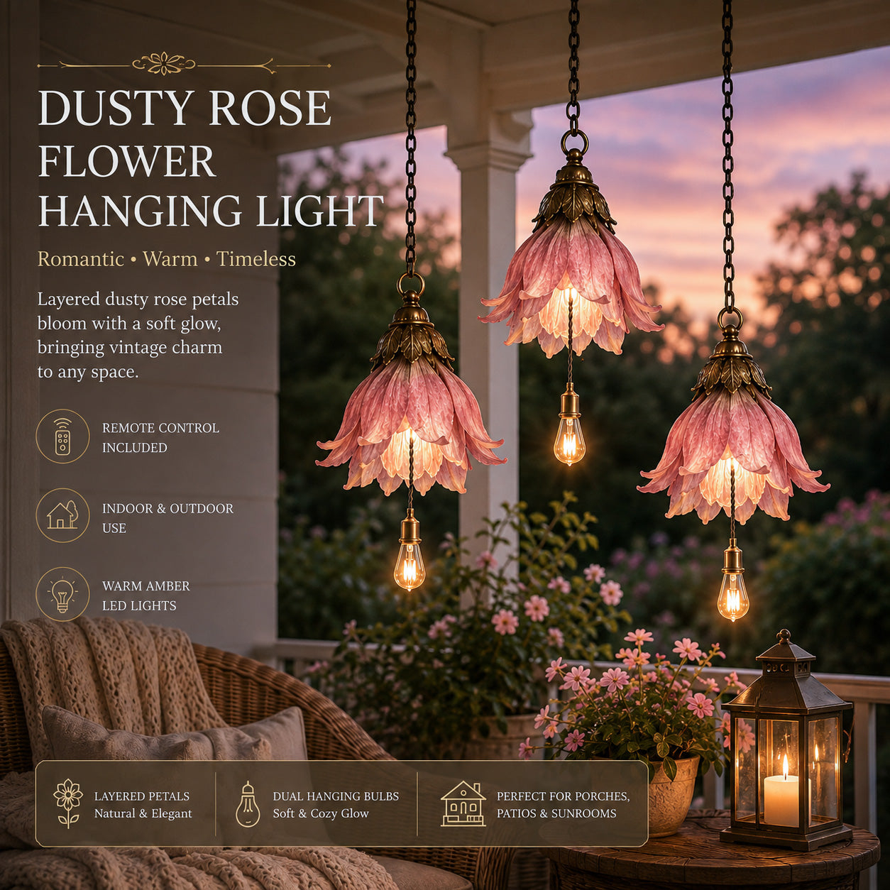 Vintage Hanging Flower Lights – Dusty Rose, Vintage Wisteria & Antique Ivory Lily | Warm Glow Garden & Patio Decor