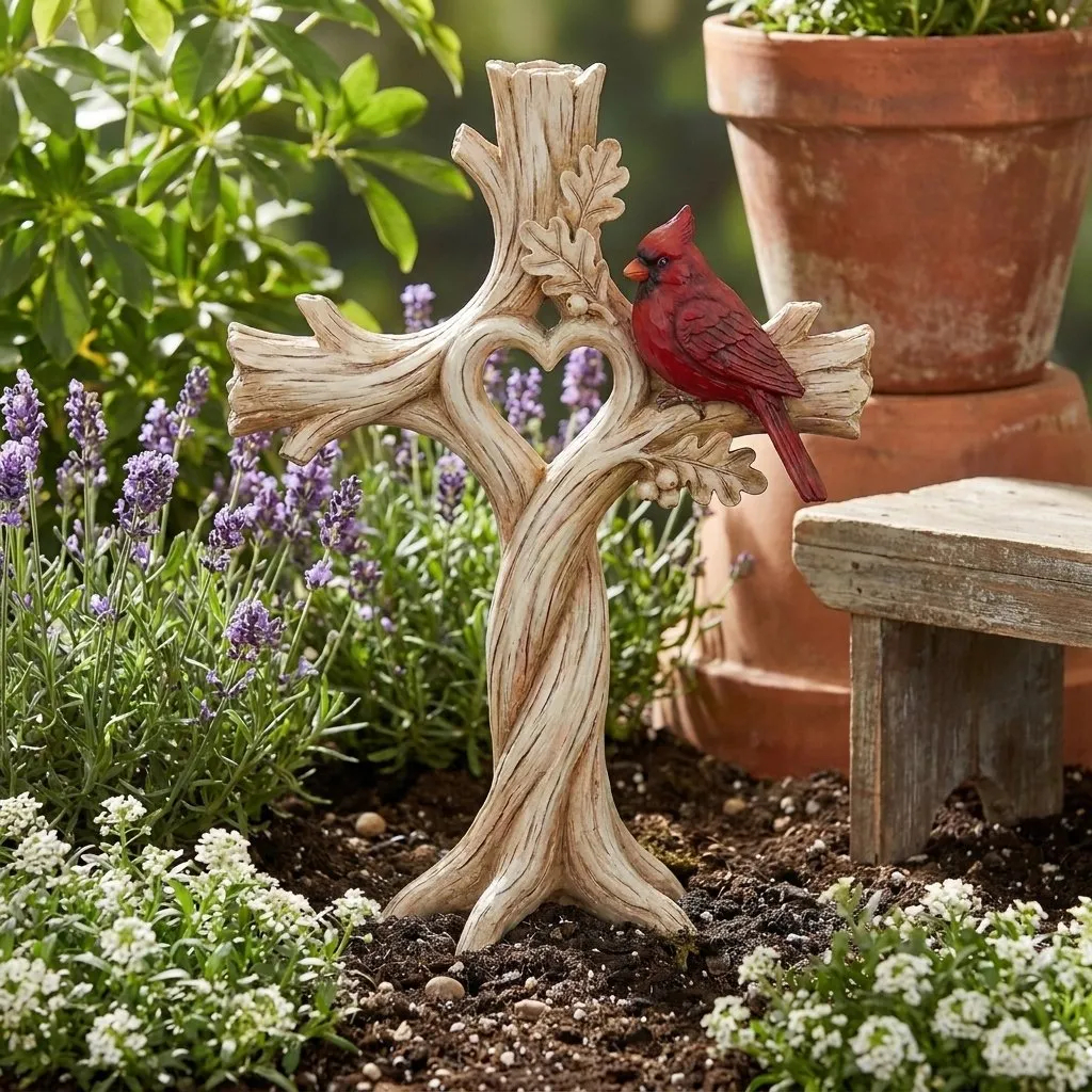 Carved Solid Wood Cardinal Heart Tree Cross