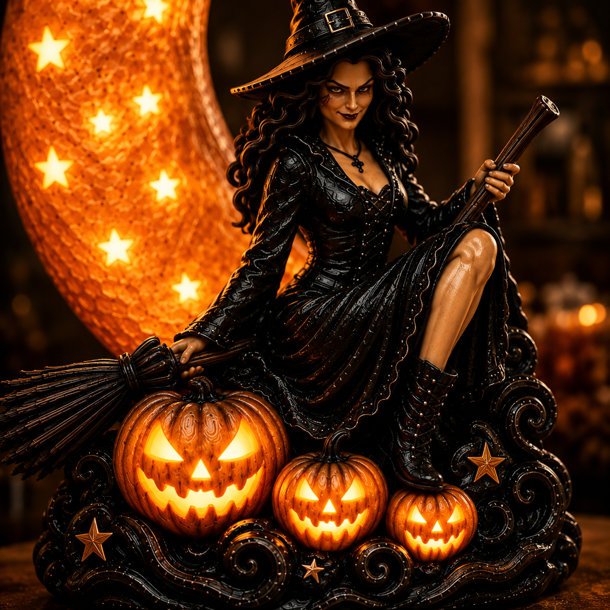 Glowing Witch & Crescent Moon Halloween Table Lamp