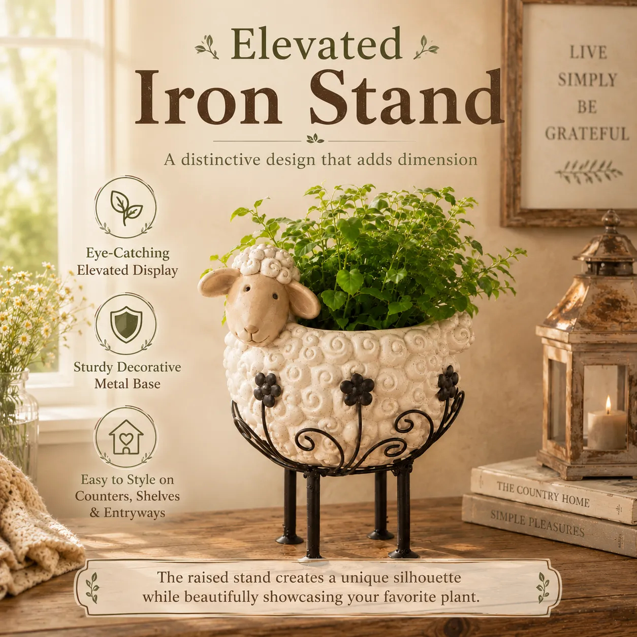 Cute Farmhouse Sheep Planter with Iron Stand