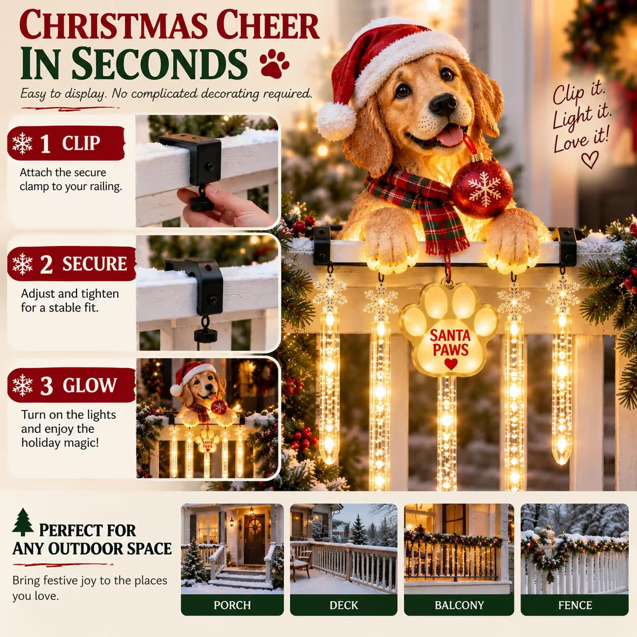 🐾 Santa Paws Christmas Porch Glow – Illuminated Dog‑Themed Railing Decoration 🎄✨