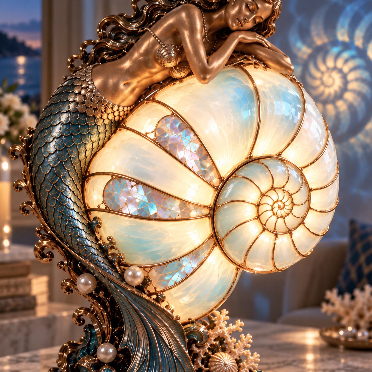 🧜‍♀️ Cast a Magical Ocean Glow! Vintage Mermaid Nautilus Stained Glass Ambient Lamp