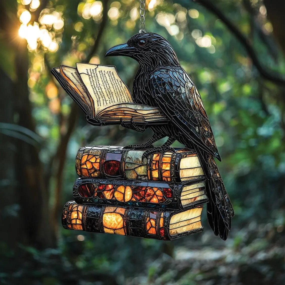 🐦‍⬛Raven and Books Suncatcher – Faux Stained Glass Window Hanging with Open Book