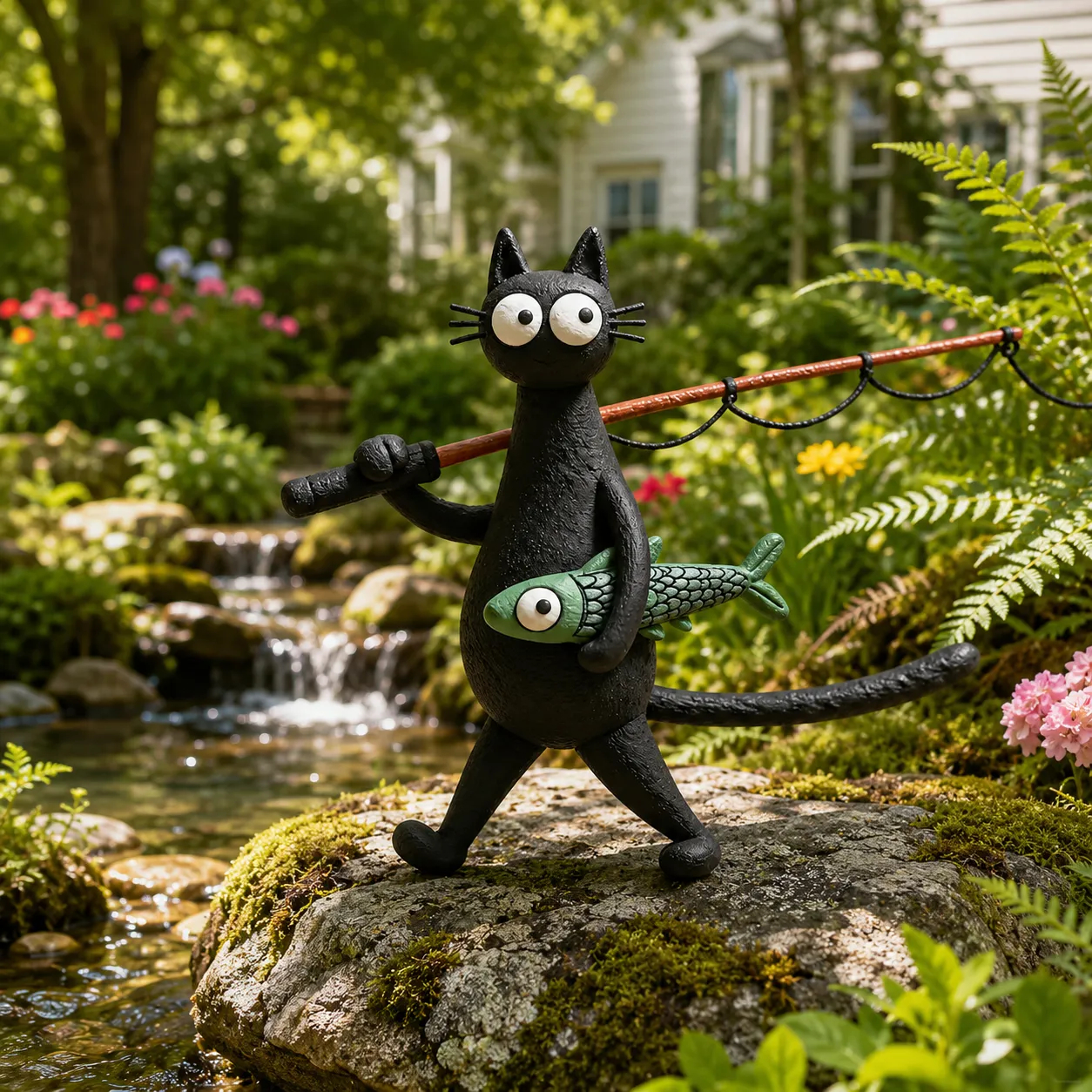Whimsical Fishing Cat Figurine