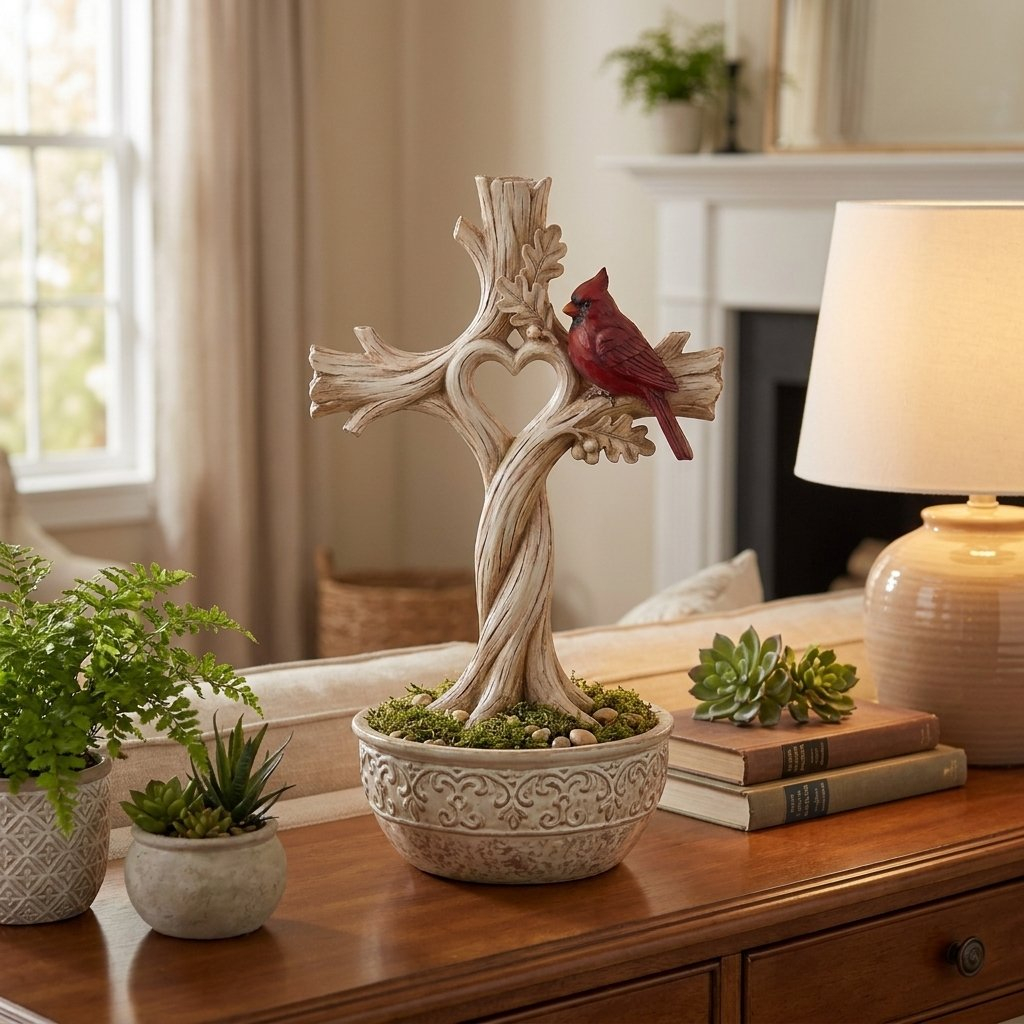 Carved Solid Wood Cardinal Heart Tree Cross