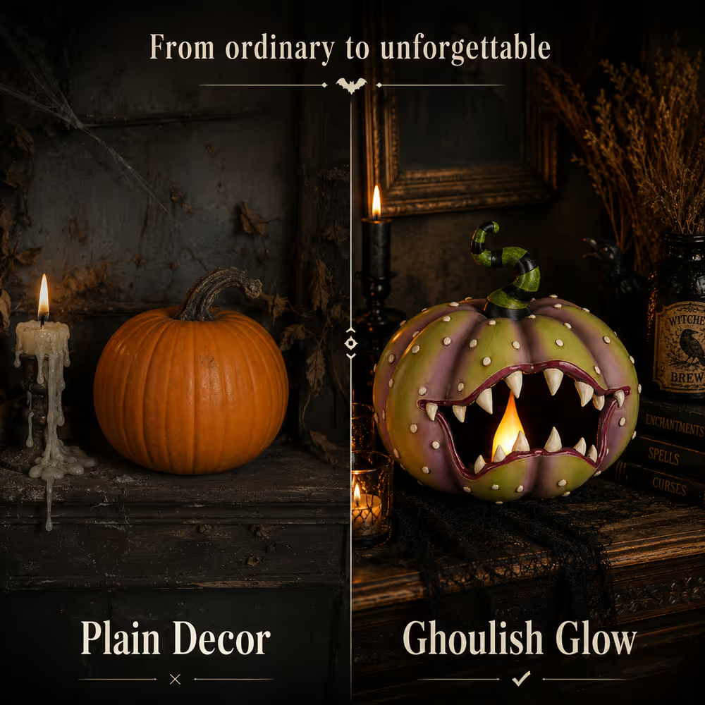 🎃 12" Lighted Ghoulish Pumpkin with Glowing Candle 🕯️