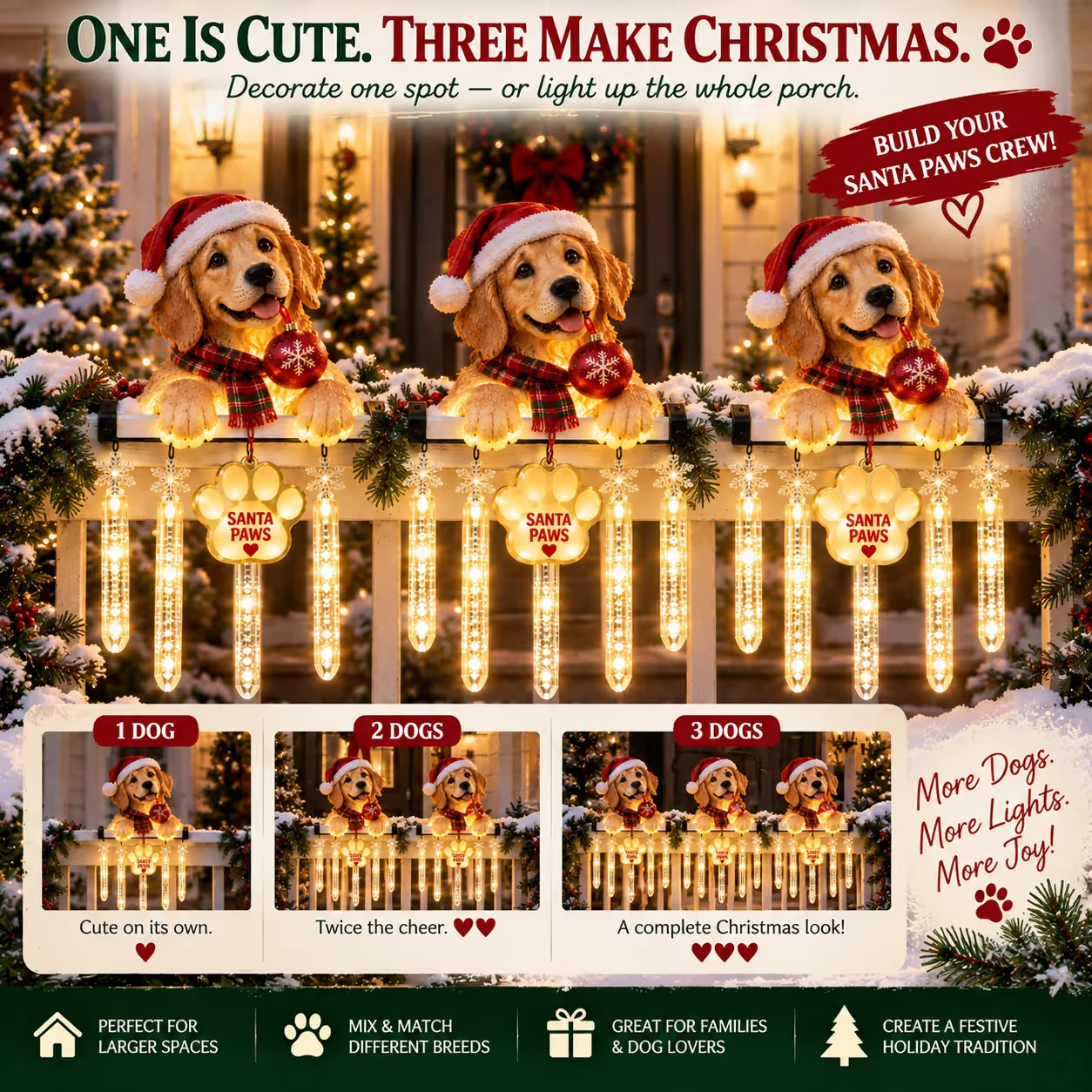 🐾 Santa Paws Christmas Porch Glow – Illuminated Dog‑Themed Railing Decoration 🎄✨
