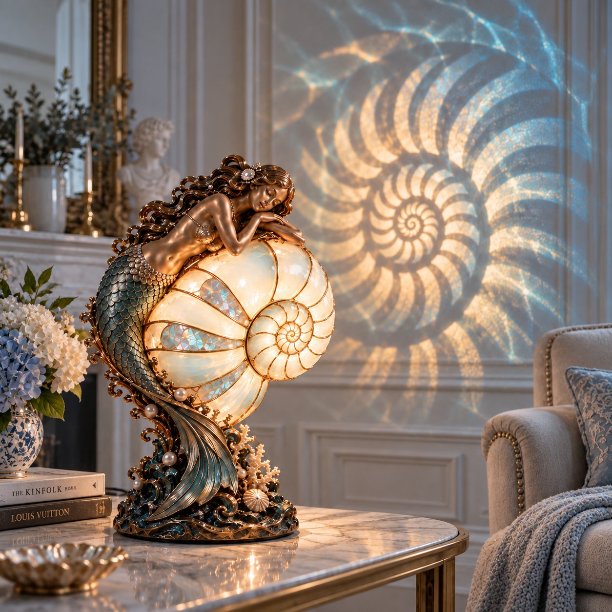 🧜‍♀️ Cast a Magical Ocean Glow! Vintage Mermaid Nautilus Stained Glass Ambient Lamp