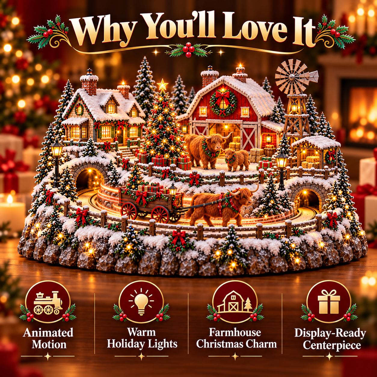 🐮 Animated Highland Cow Christmas Village | Lighted Farmhouse Holiday Décor