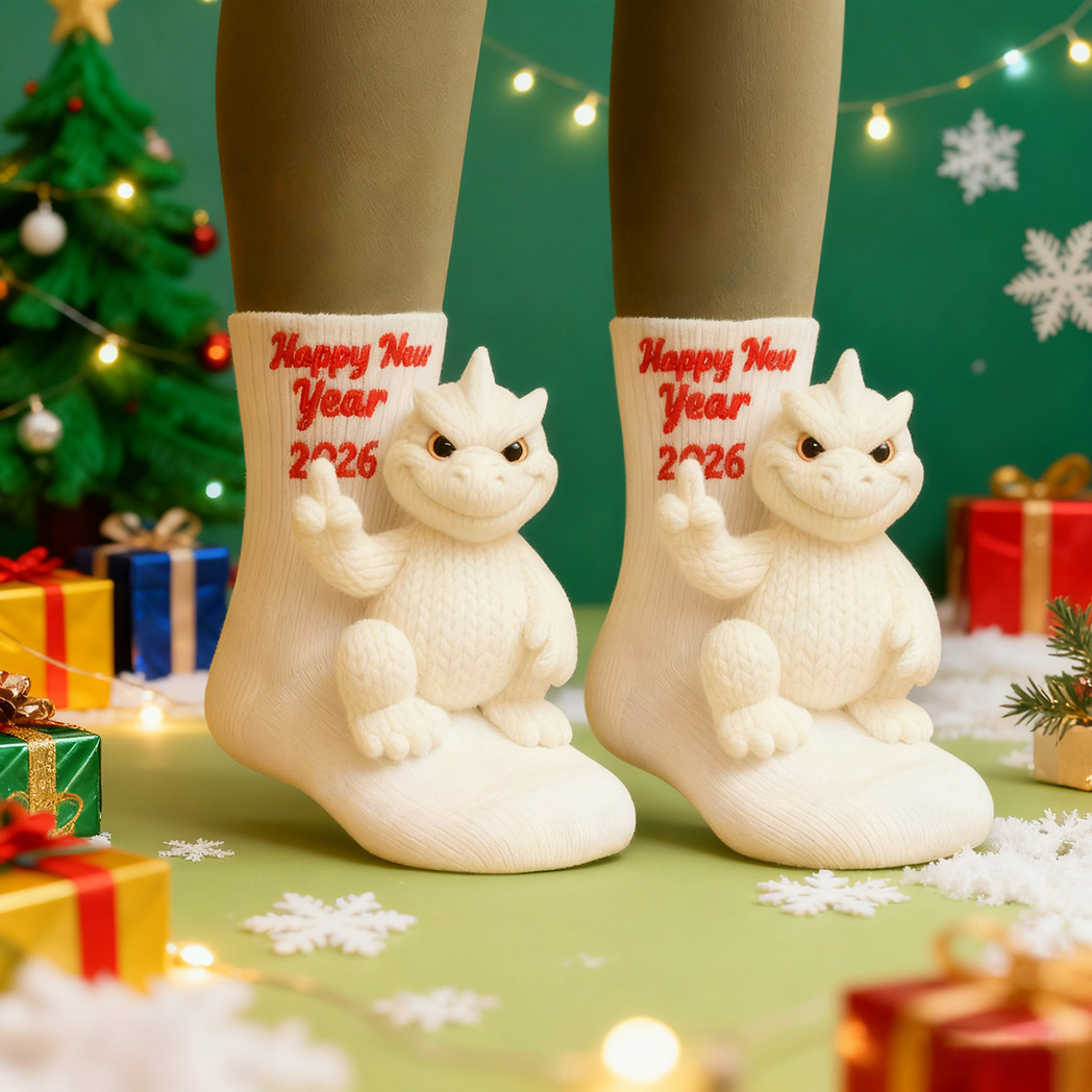Godzilla Happy New Year 2026 Crochet Socks