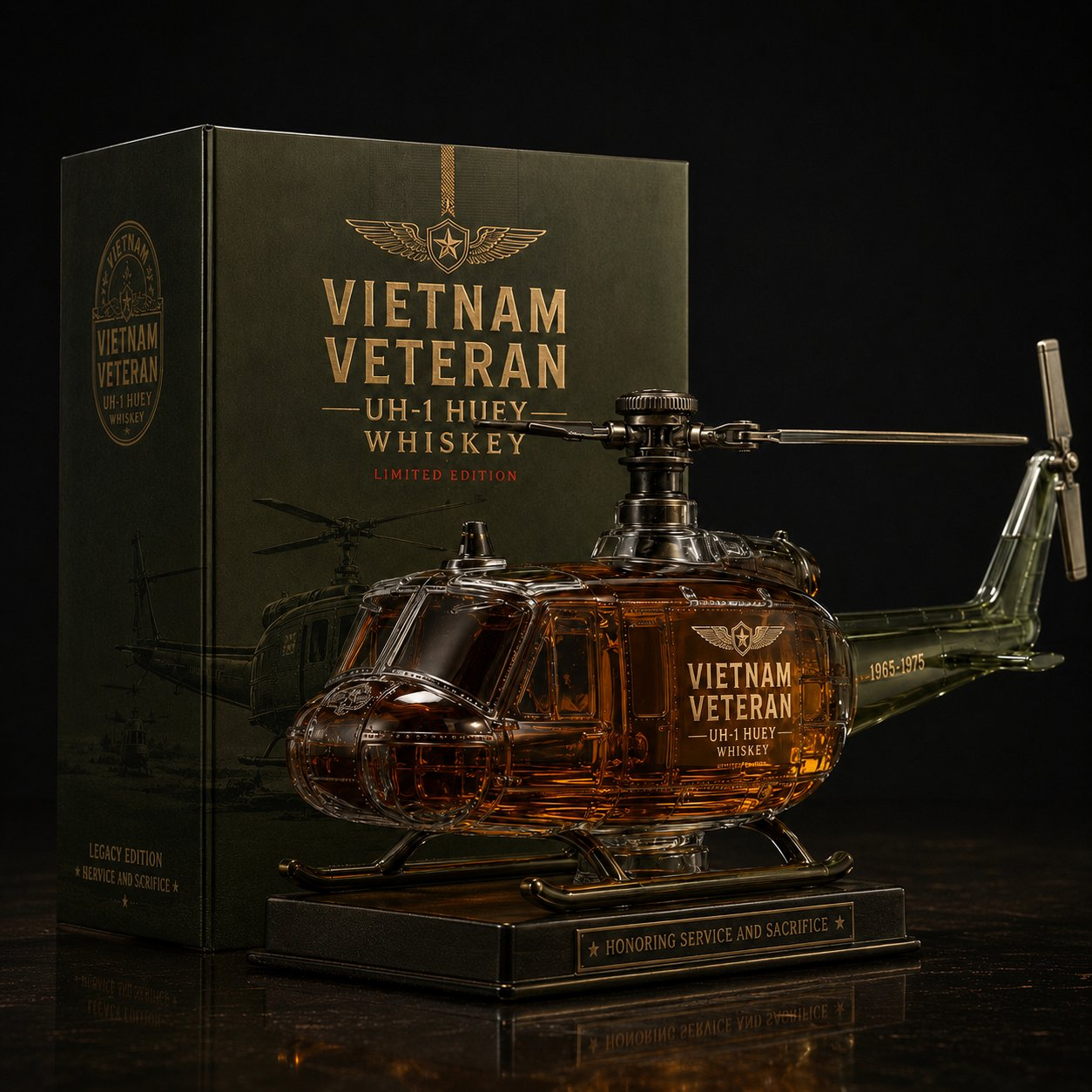Vietnam War Veteran UH-1 Huey Helicopter Tribute Whiskey Decanter - 1965-1975 Limited Edition