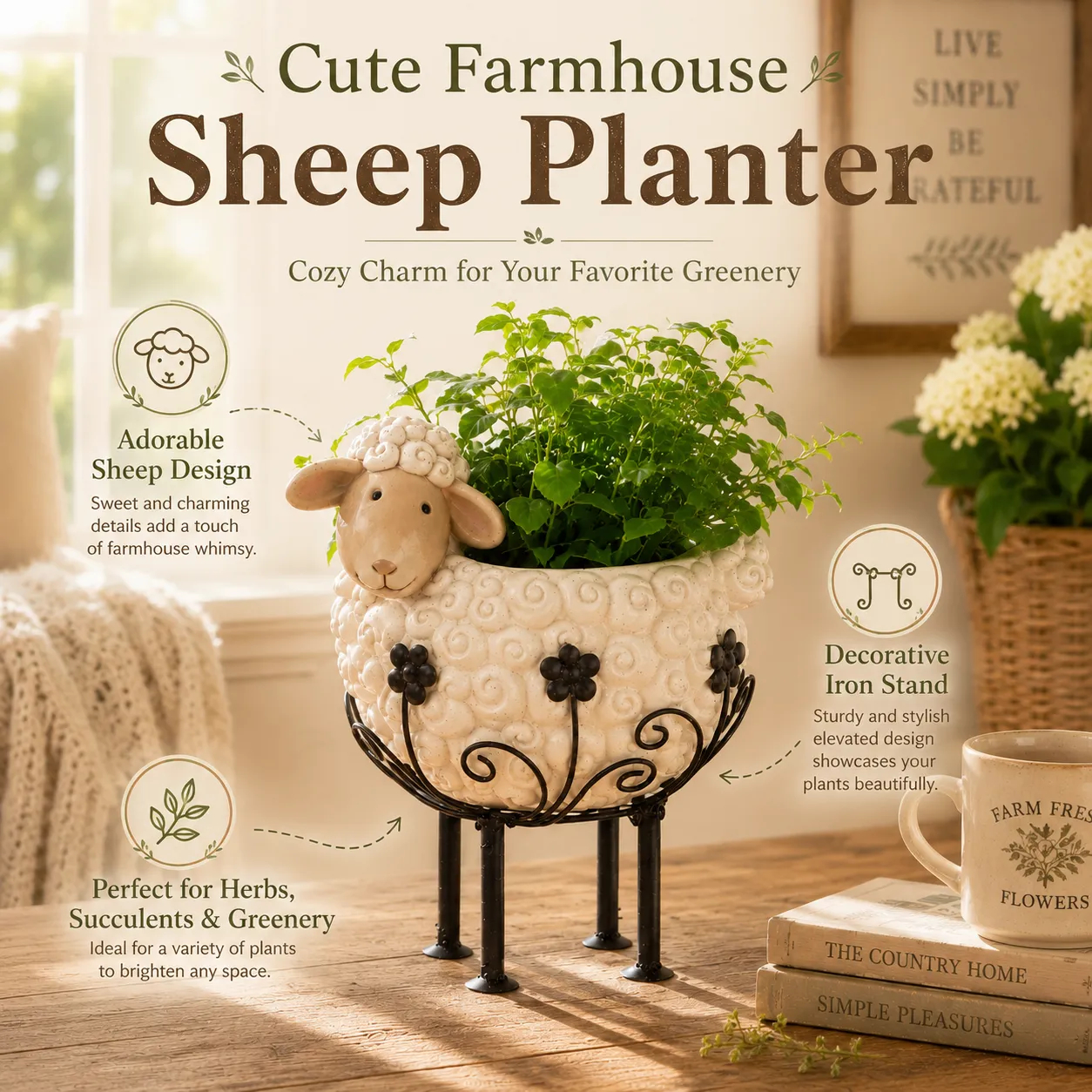 Cute Farmhouse Sheep Planter with Iron Stand