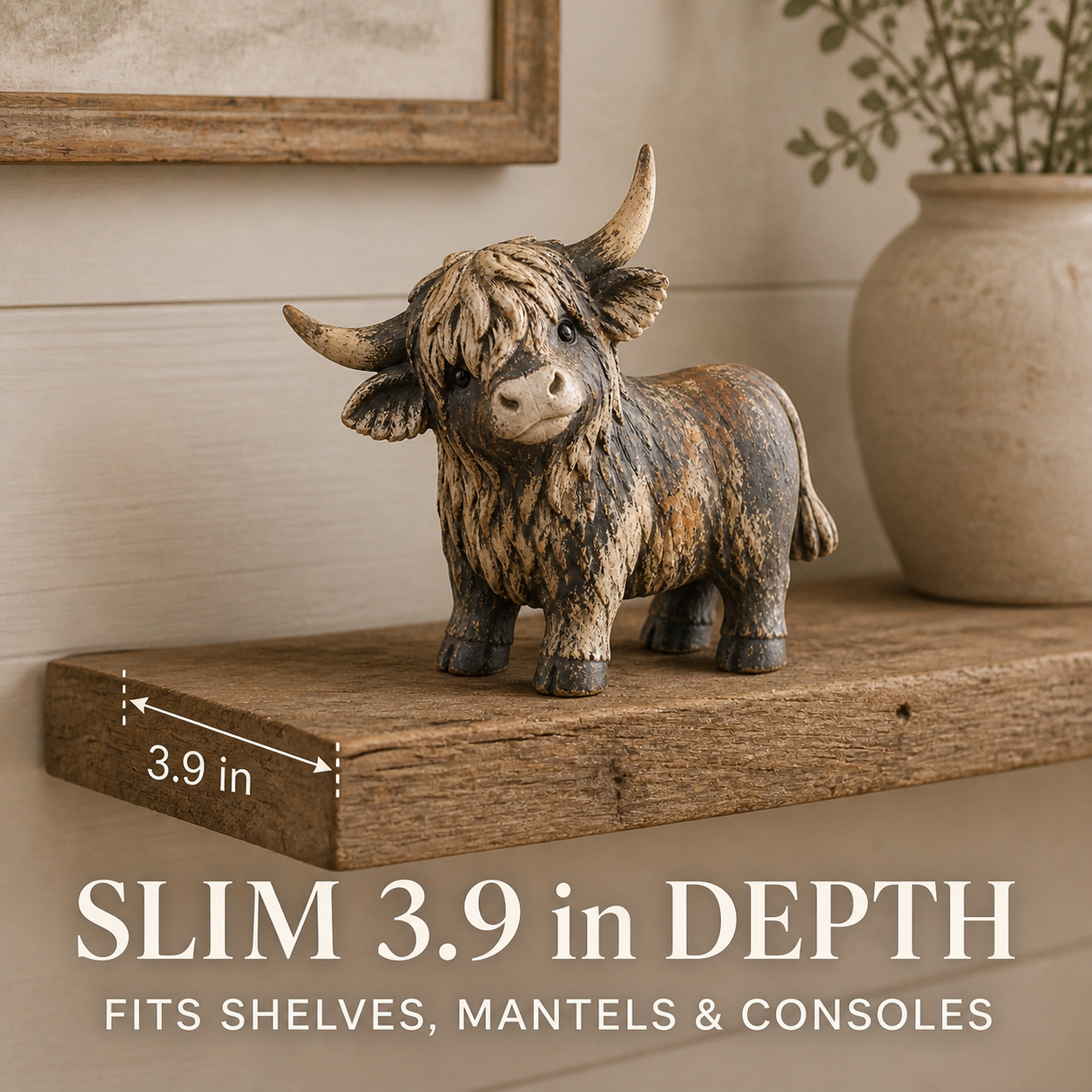 Rustic Highland Cow Figurine — Charming Farmhouse Tabletop Decor