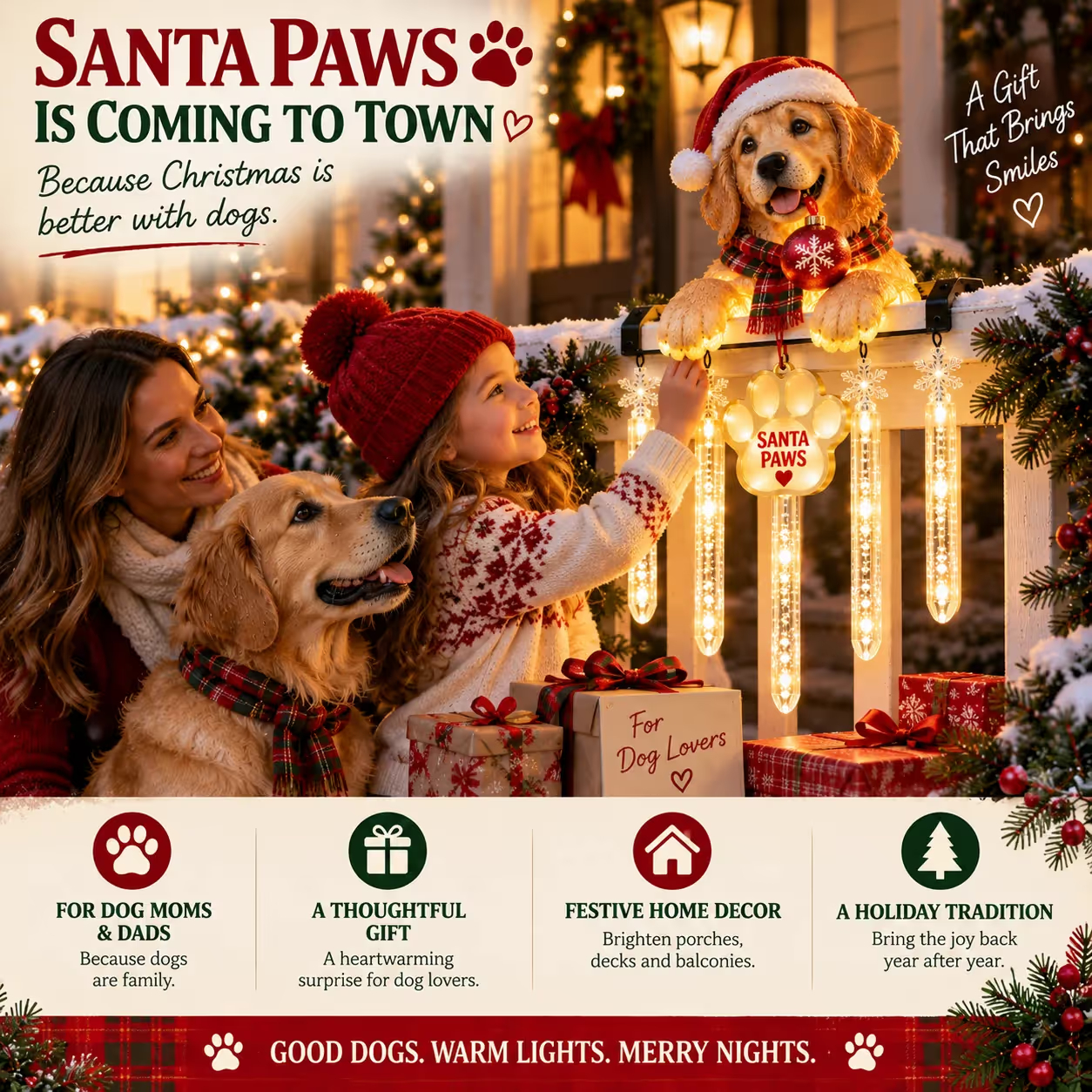 🐾 Santa Paws Christmas Porch Glow – Illuminated Dog‑Themed Railing Decoration 🎄✨